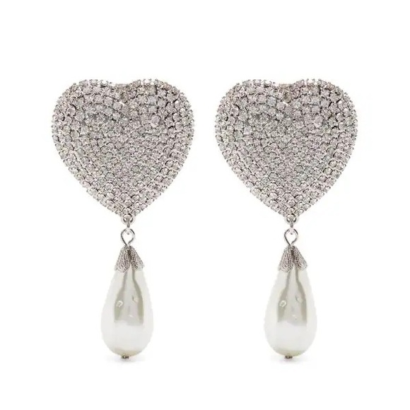 Alessandra Rich Heart Silver-tone Crystal and Faux pearl Clip Earrings